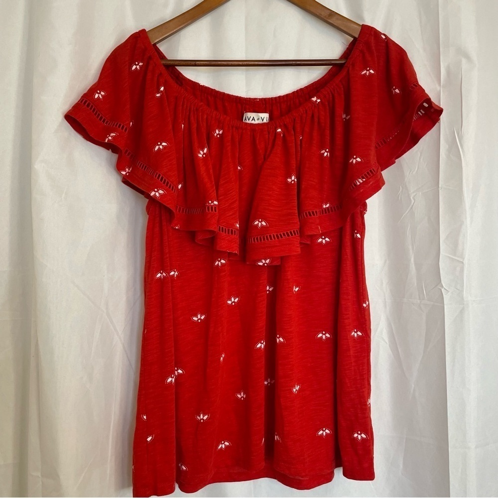 AVA & VIV Women’s Red White Off Shoulder Ruffle Lightweight Shirt Blouse Size 1X